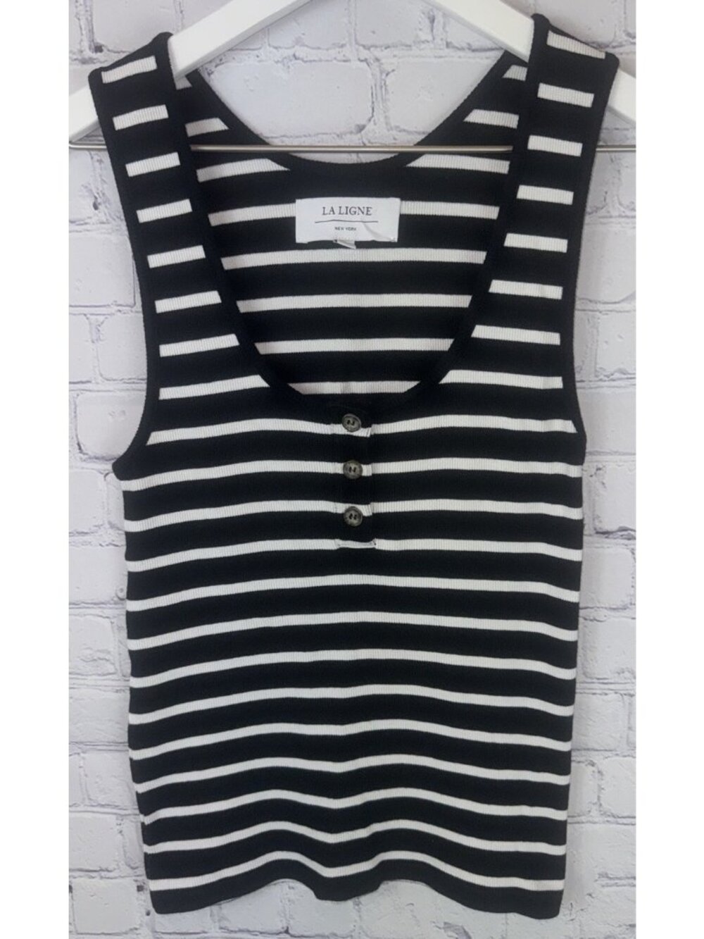 LA LIGNE Black White Striped Ribbed Cotton Henley Tank Top Size Small Women’s